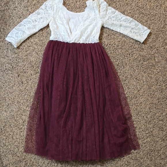 Elegant White and Burgundy/Wine Kids Dress - Picture 2 of 6